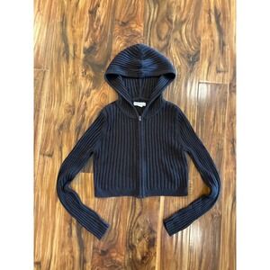 Aeropostale Womens Black Ribbed Knit Full Zip Cropped Hoodie Sweater Size Medium